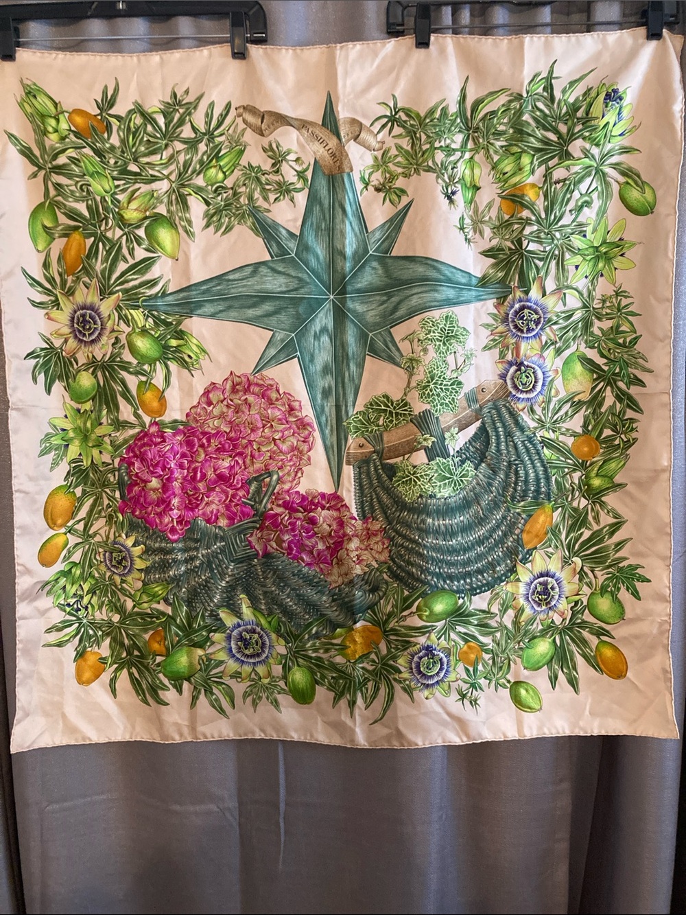 Authentic Hermes Carre 90 Passiflores 100% silk scarf with botanical design